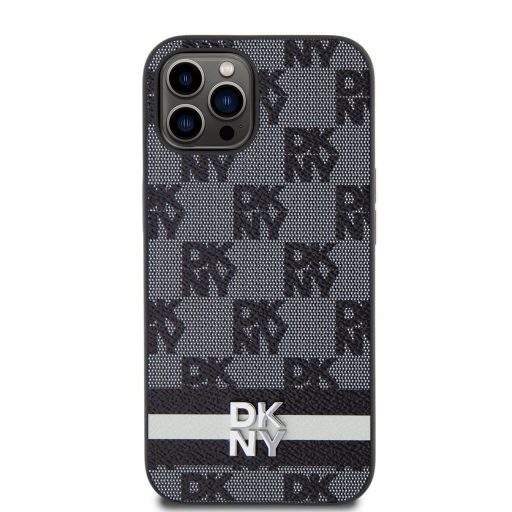 DKNY PU Leather Checkered Pattern and Stripe tok iPhone 12/12 Pro készülékhez fekete 