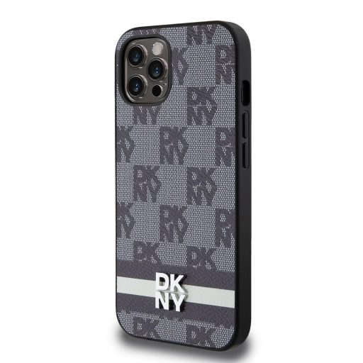 DKNY PU Leather Checkered Pattern and Stripe tok iPhone 12/12 Pro készülékhez fekete 